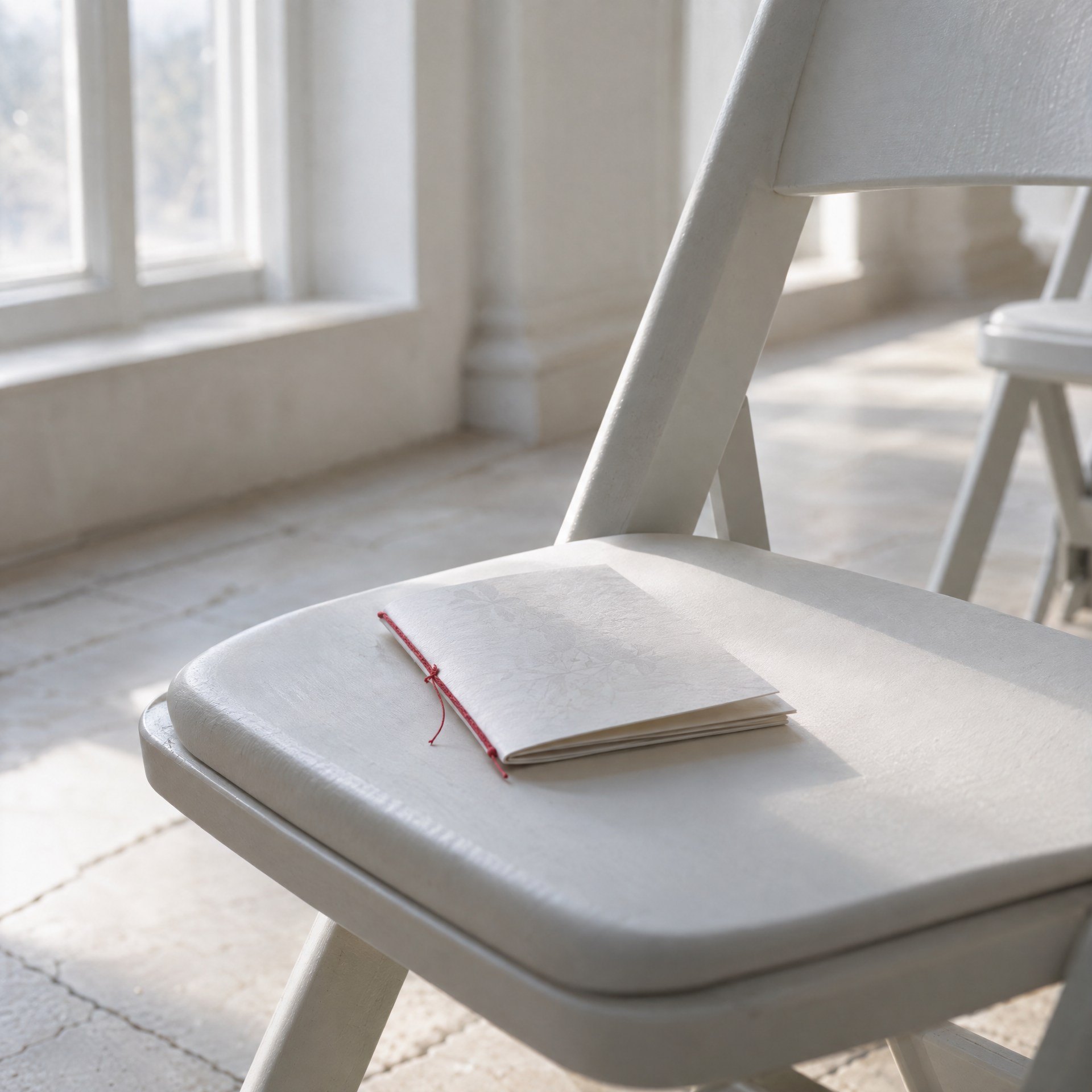 The order of service, a small booklet bound with red thread, on an empty folding chair.