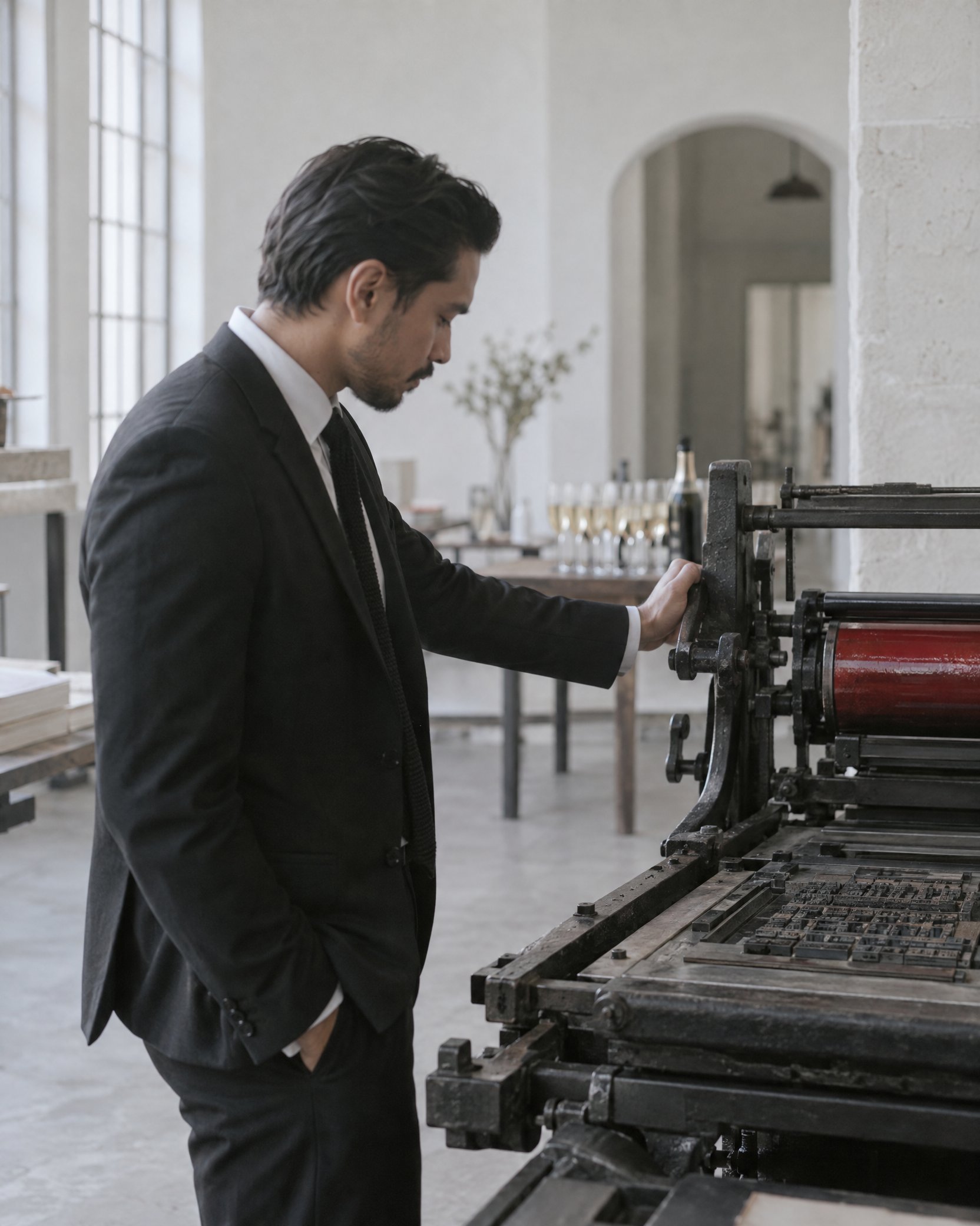 Marco in profile beside an old letterpress, one hand on its iron frame.