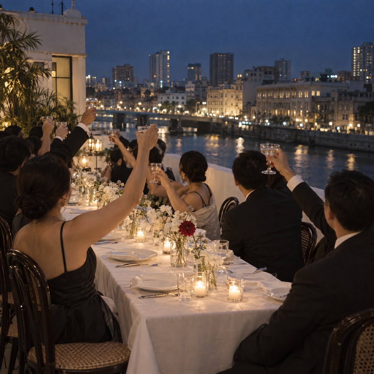 Guests raising their glasses along the dinner table, candlelight on white linen.