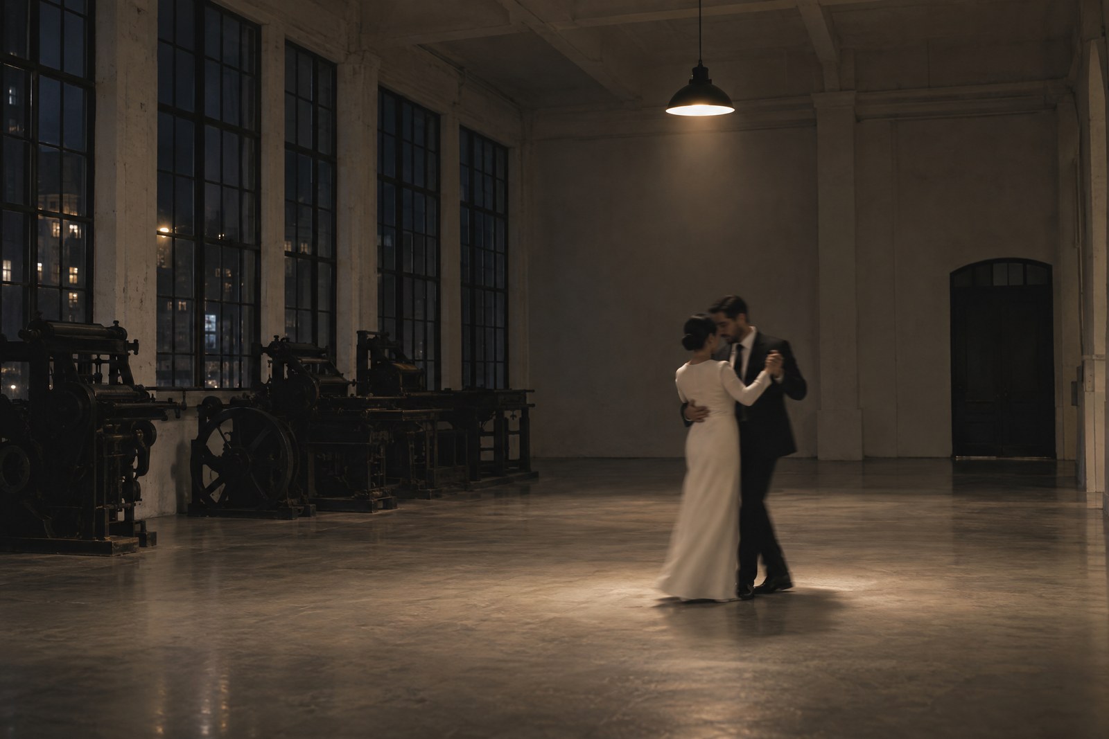 The first dance in the dark press hall, the couple small in one pool of light.