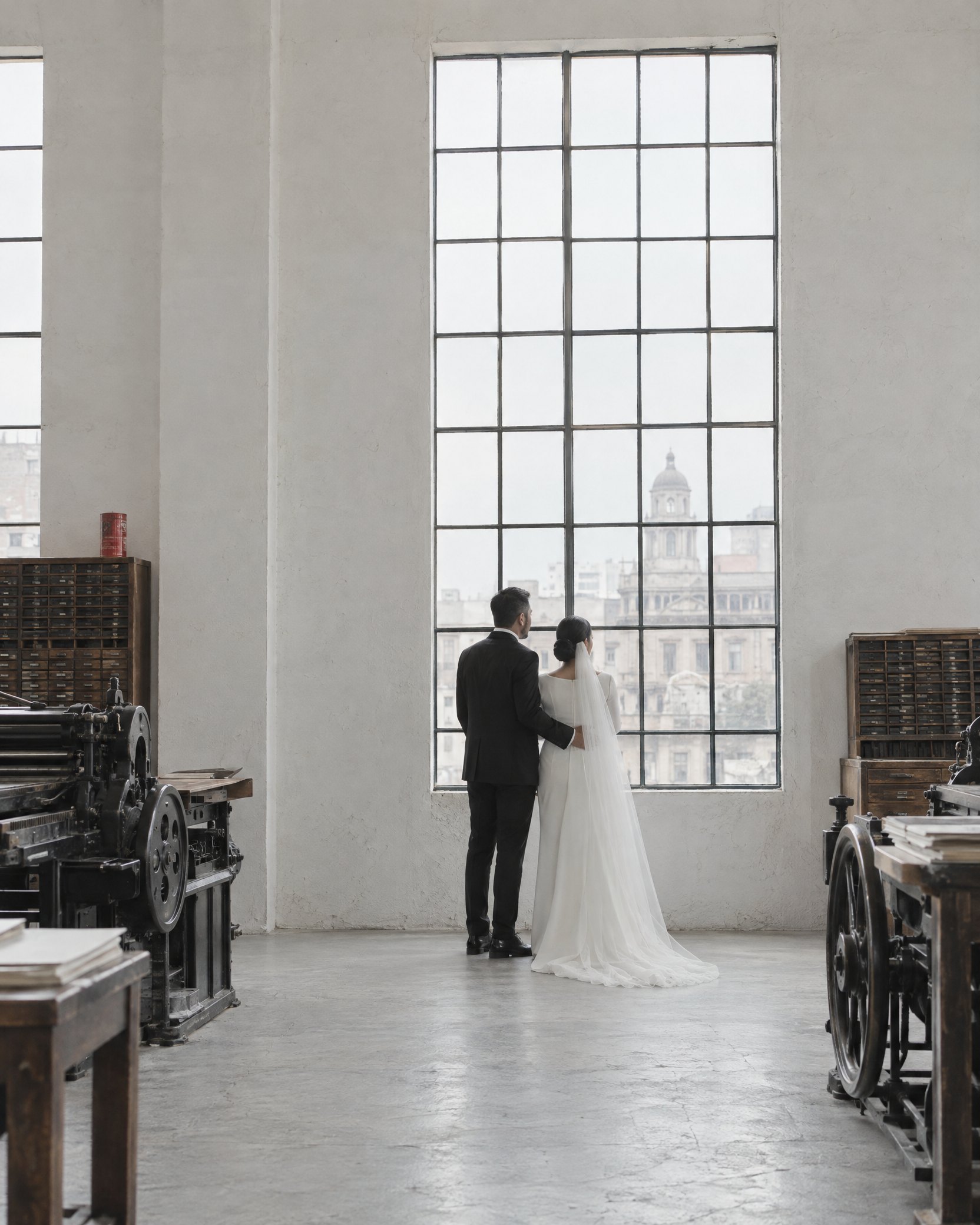 Ysabel and Marco seen from behind, standing small in front of a tall factory window, her veil falling down her back.