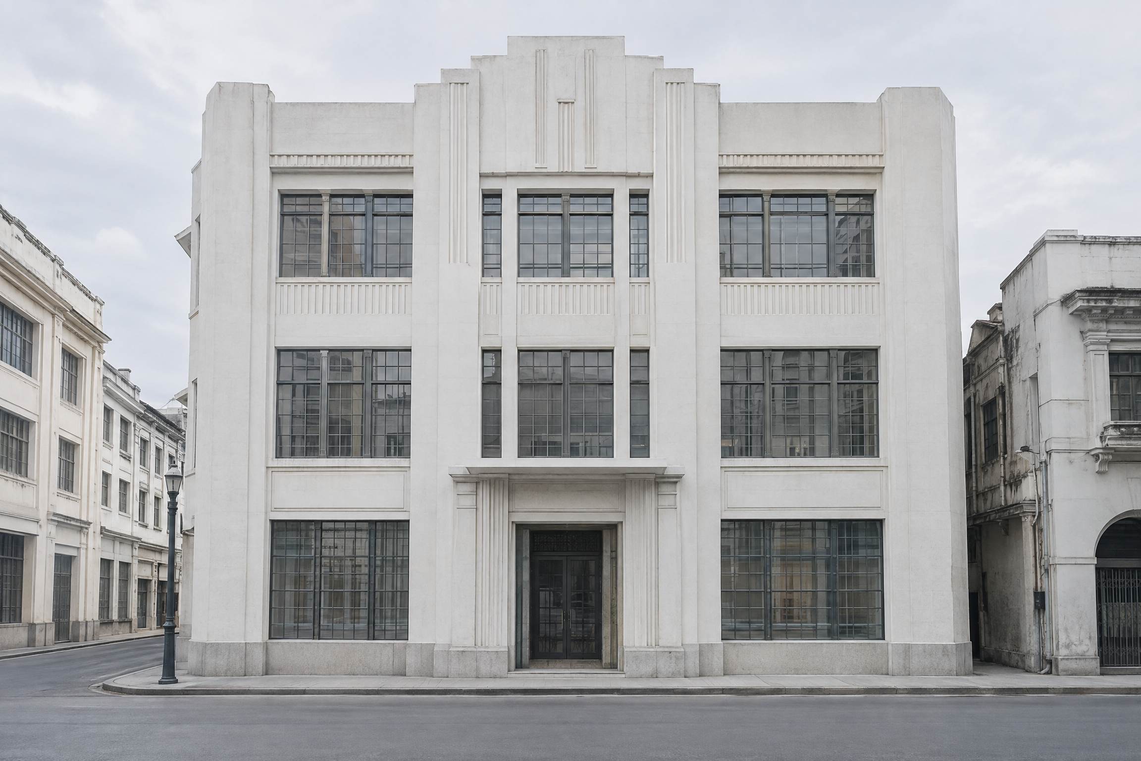 The pale Art Deco front of the old printing house on Escolta, tall steel windows and a plain door.